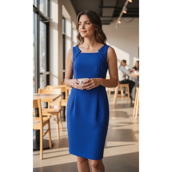 Tahari Ponte Knit Dress Trendy Lined Pencil Square Neck Sleeveless Royal Blue 4 - Picture 1 of 10